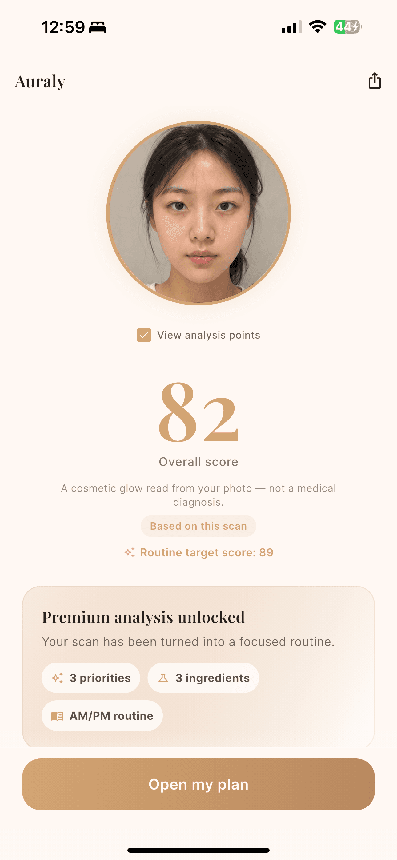 Auraly glow score screen showing an 82